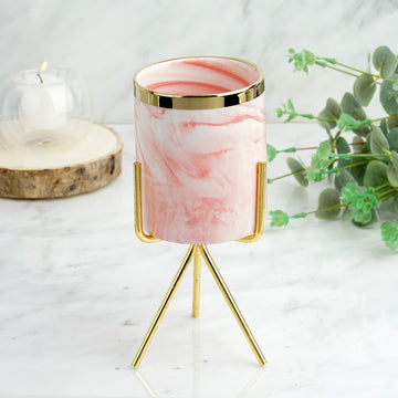 8" Gold Rimmed Pink Marble Ceramic Vase Planter Pot With Gold Metal Stand