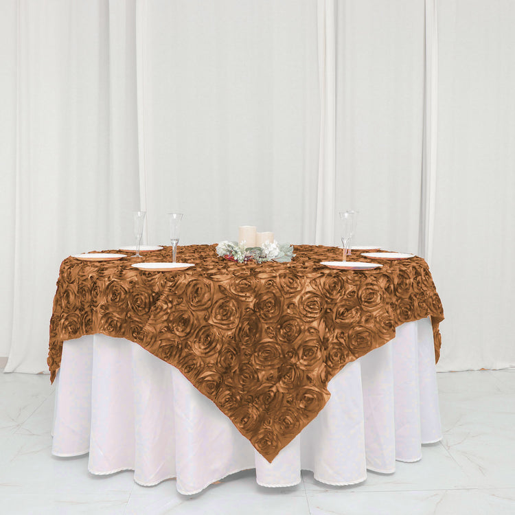 Gold 3D Rosette Satin Square Table Overlay 72 Inch x 72 Inch