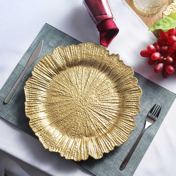 6 Pack | 13" Gold Round Reef Acrylic Plastic Charger Plates, Dinner Charger Plates