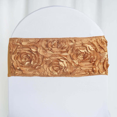 Gold rose pattern chair sash for elegant event decor.