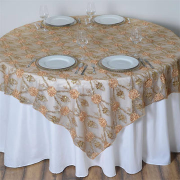 72"x72" Gold Satin Sequin Floral Embroidered Lace Table Overlay
