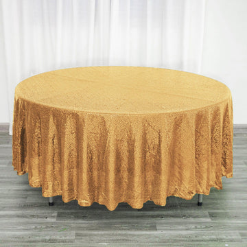 Elevate Your Event Decor with the Gold Seamless Premium Sequin Round Tablecloth 108