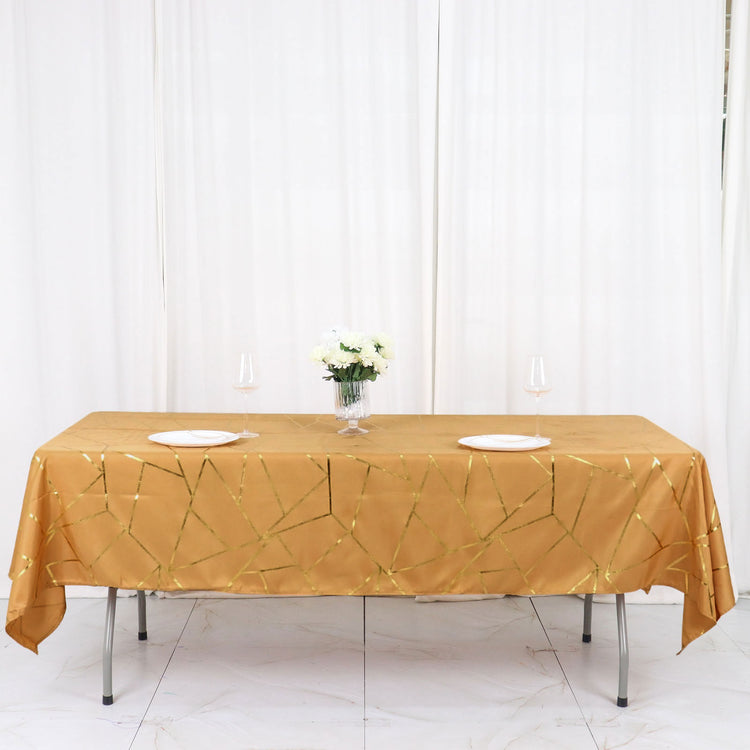 60 Inch x 102 Inch Gold Rectangle Polyester Tablecloth with Gold Foil Geometric Pattern