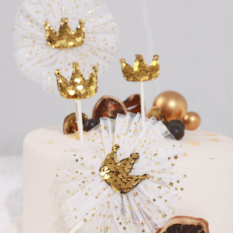 9 Pack Gold Sequin Crown & Tutu Cupcake Toppers