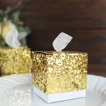 25 Pack Gold Sequin Glitter Mini Gift Boxes With White Ribbon Loop, Party Favor Boxes, Wedding Candy Cases 2"