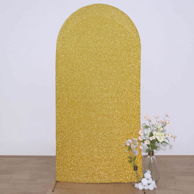 Gold glitter backdrop with arched top for photography and events.