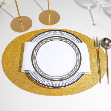 6 Pack Gold Sparkle Placemats, Non Slip Decorative Oval Glitter Table Mat