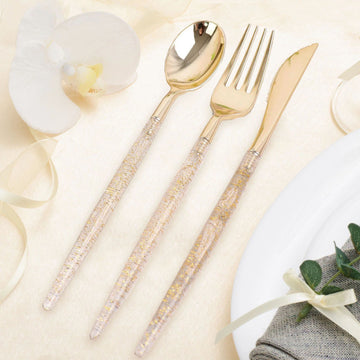 24 Pack | Gold Sparkly 9" Modern Plastic Silverware Set, Heavy Duty Disposable Knife, Fork & Spoon Set With Glitter Handle
