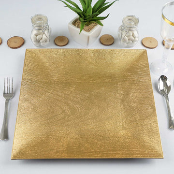 6 Pack | 12" Gold Square Embossed Wood Grain Acrylic Charger Plates, Boho Chic Table Decor