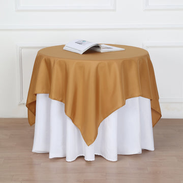 Transform Your Event with the Gold Square Seamless Polyester Table Overlay