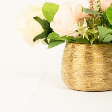 4 Pack | 3" Gold Textured Ceramic Flower Vase Pots, Round Brushed Indoor Planters