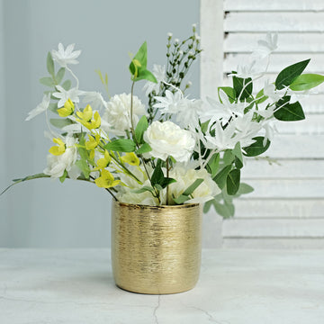 2 Pack Gold Textured Round Ceramic Flower Plant Pots, Cylindrical Metallic Gold Brushed Indoor Planter Pot 5"