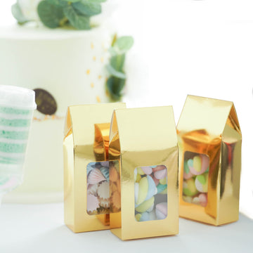 25 Pack Gold Tote With Window Party Favor Candy Gift Boxes 2.75" X 1.5" X 6"