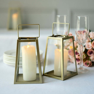 Elegant glass lanterns with candles, perfect for dining ambiance.