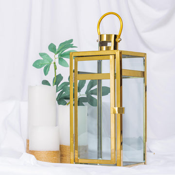 12" Gold Vintage Top Stainless Steel Candle Lantern Centerpiece Outdoor Metal Patio Lantern