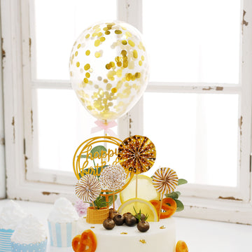 6 Pcs | Gold/White Happy Birthday Cake Topper, 4 Mini Paper Fans and Gold Confetti Balloon Decor