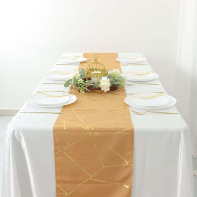 Elegant table setting with gold runner and white plates for special occasions.