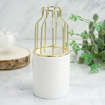 Gold Wrought Iron White Ceramic Vase Small Flower Pot 8"