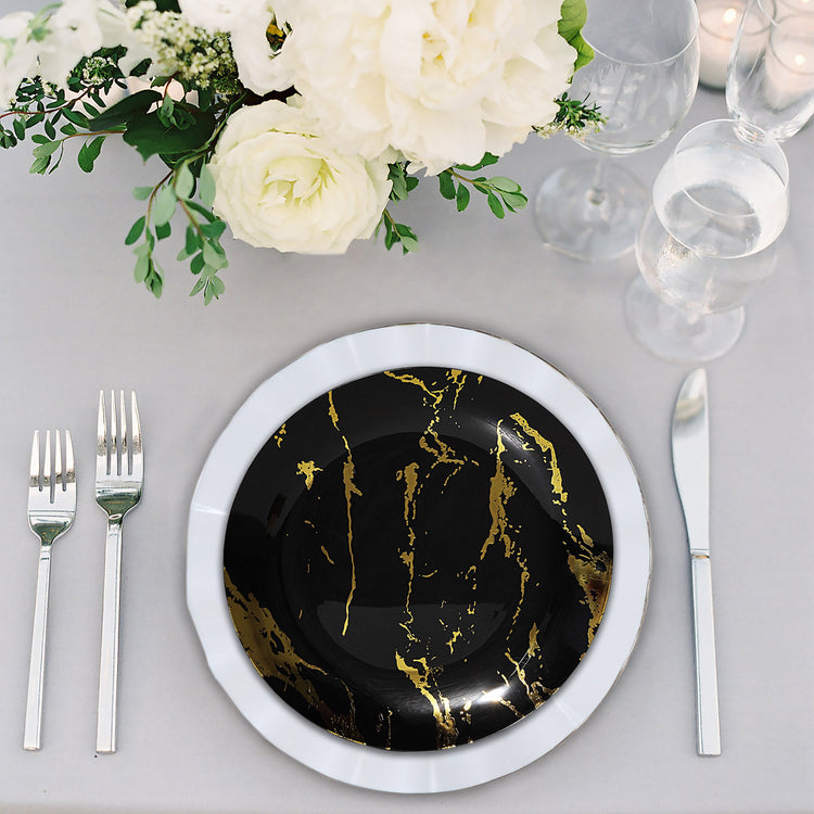 10 Pack Of Gold And Black Marble Plastic Plates 8 Inch