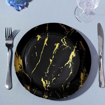 10 Pack Gold and Black Marble Print Plastic Dinner Party Plates, Disposable Plates 10"