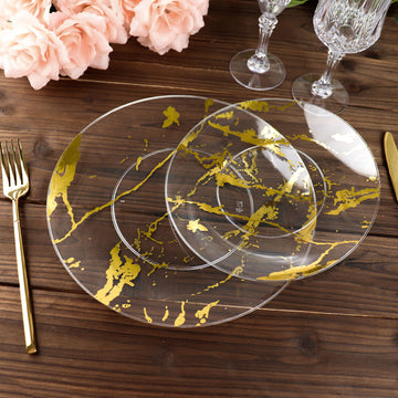 10 Pack Gold and Clear Marble Plastic Appetizer Salad Plates 8"