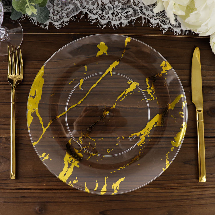 10 Pack 10 Inch Gold Clear Marble Print Plastic Dinner Plates