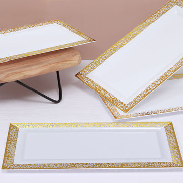 4 Pack Gold and White Lace Print Rectangular Plastic Serving Trays, Decorative Coffee Table Trays 14"