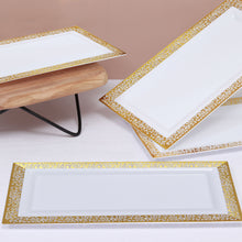 4 Pack Gold and White Rectangular Lace Print Plastic Serving Trays 14 Inch