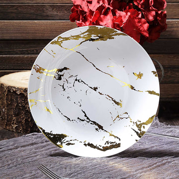 10 Pack | 10" Gold and White Marble Print Plastic Dinner Party Plates, Disposable Plates