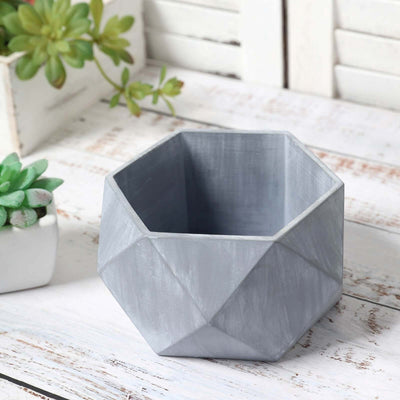 Geometric gray planter on rustic wooden surface.