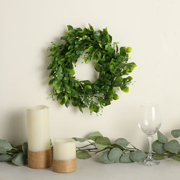 2 Pack Green Artificial Boxwood Leaf Pillar Candle Ring Wreaths 4"