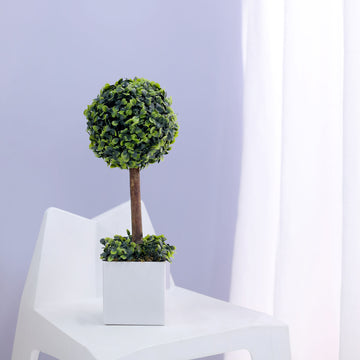 16" Green Artificial Boxwood Topiary Ball Tree In White Planter Pot