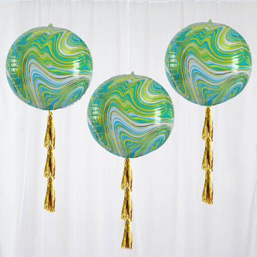 3 Pack Green/Gold Marble Orbz Foil Balloons, 4D Sphere Mylar Balloons 13"