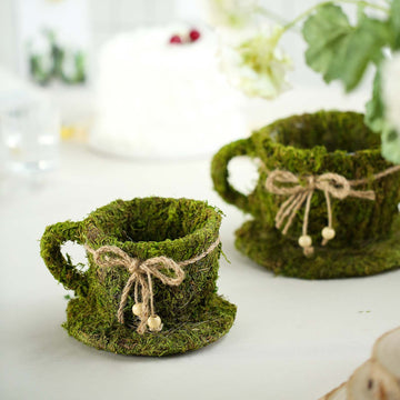 Set of 2 Green Teacup Preserved Moss With Twine Planter Boxes, Flower Baskets 5", 4"