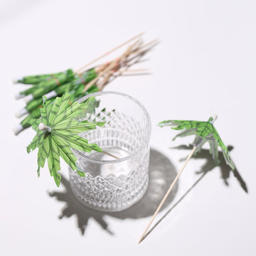50 Pack | 6" Green Tropical Leaf Parasol Cocktail Drink Umbrella Picks, Natural Bamboo Skewer Sticks, Eco Friendly Disposable