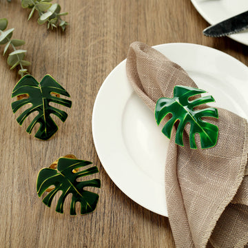 4 Pack Green Tropical Leaf Shaped Metallic Gold Napkin Rings, Linen Napkin Holders