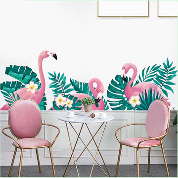 Green Tropical Palm Leaves and Flamingo Wall Decals, Peel Removable Stickers