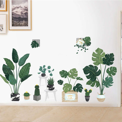 Indoor wall decor featuring various potted plants and greenery illustrations.