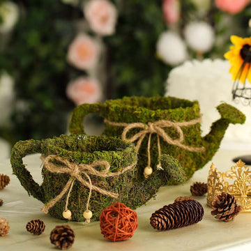 Set of 2 | Green Watering Can Preserved Moss With Twine Planter Boxes, Flower Baskets - 11", 10"