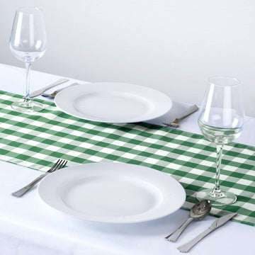 Green / White Buffalo Plaid Table Runner, Gingham Polyester Checkered Table Runner 14"x108"