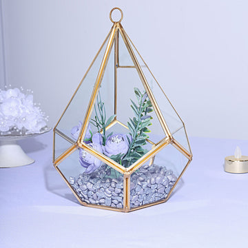 Hanging Gold Metal Frame Glass Geometric Teardrop Terrarium, Self Standing Air Plant Holder 9"