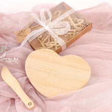 Heart Shaped Bamboo Brie Cheese Board and Knife Set Party Favor Clear Gift Box, Ribbon Thank You Tag