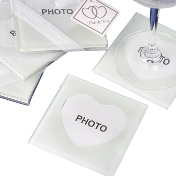 2 Pack Heart Shaped Picture Frame Party Favors, Square Glass Coasters, Gift Wrapped With Thank You Tag 3"