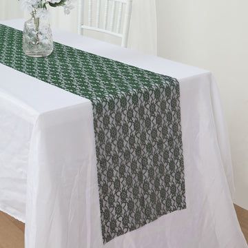 Enhance Your Event Decor with the Hunter Emerald Green Floral Lace Table Runner