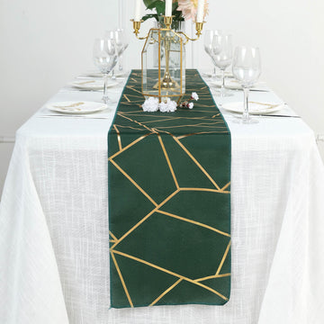 9ft | Hunter Emerald Green / Gold Foil Geometric Pattern Polyester Table Runner