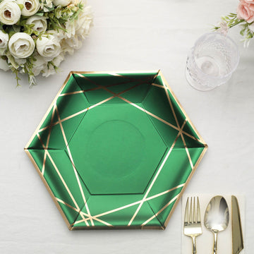 25 Pack Hunter Emerald Green / Gold Hexagon Dinner Paper Plates, Geometric Disposable Party Plates 300 GSM 9"