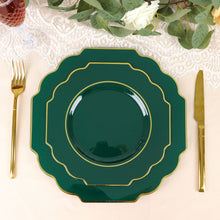 10 Pack Hunter Emerald Green Hard Plastic Dessert Plates with Gold Rim Baroque Style 8 Inch