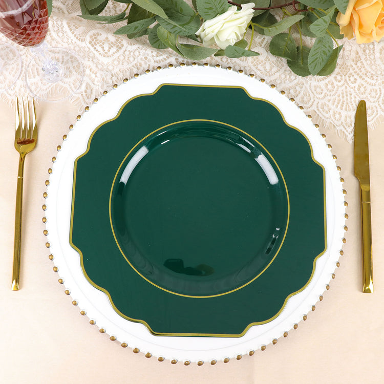 10 Pack Hard Plastic Hunter Emerald Green Baroque Dessert Plates with Gold Rim Design 11 Inch