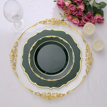10 Pack Hunter Emerald Green Plastic Dessert Salad Plates, Disposable Tableware Round With Gold Scalloped Rim 8"