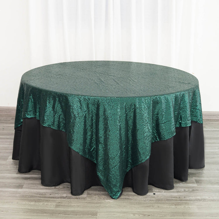 90 Inch By 90 Inch Hunter Emerald Green Sequin Square Table Overlay Seamless